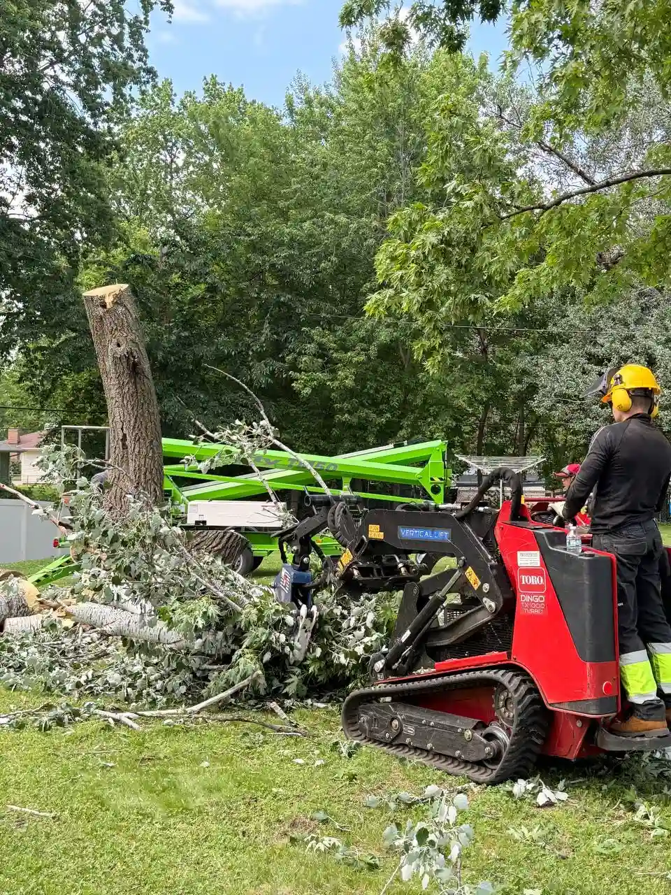 Emergency Storm Damage Cleanup and Tree Removal Response Emergency tree service crew using a compact track loader to rapidly clear fallen branches and heavy debris after a severe storm.